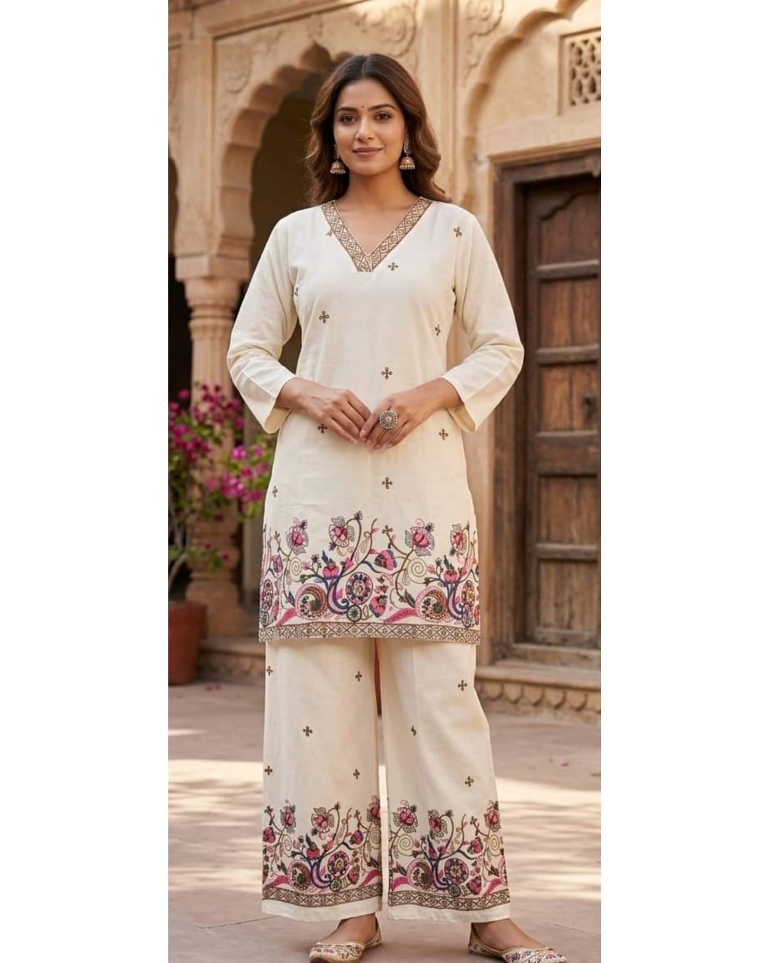 Ivory Multi  Thread Work Khadi Cotton Kurta Pant Set- MOCNA