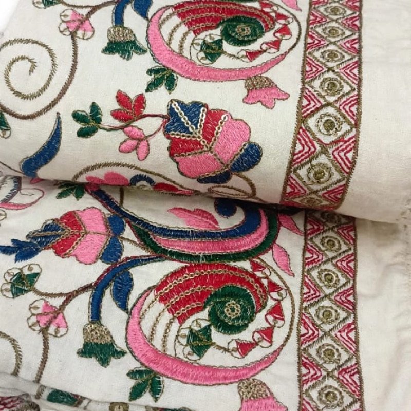 Ivory Multi  Thread Work Khadi Cotton Kurta Pant Set- MOCNA