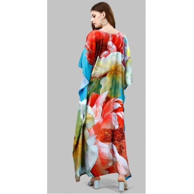 Multicolour Floral Silk Kaftan With Digital Print (Free Size: M - 3XL) - MOCNA