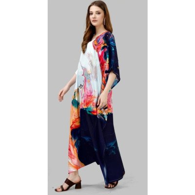 White Multicolour  Silk Kaftan With Digital Print (Free Size: M - 3XL) - MOCNA
