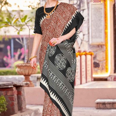 Apple Saree - Black &amp; Brown Geometric Printed Bhagalpuri Saree - Mocna