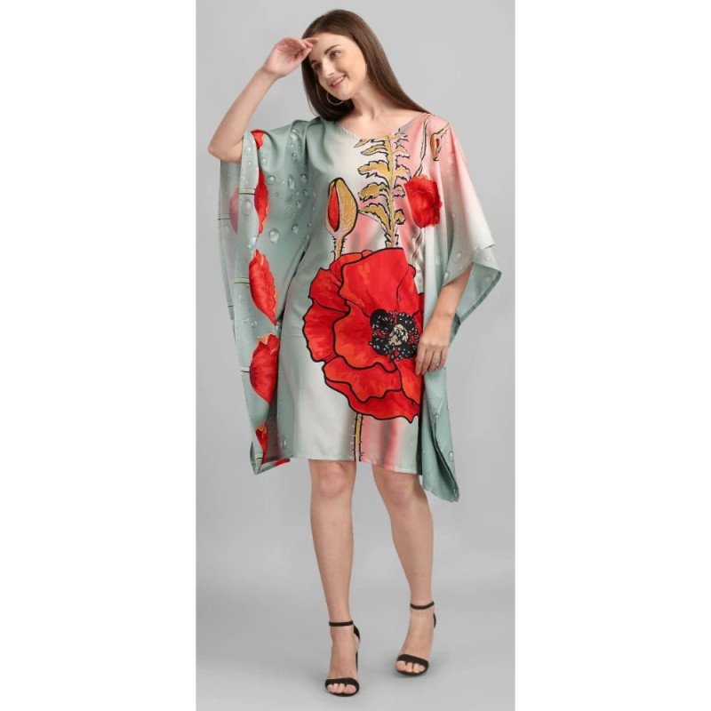 Red Poppy Kaftan (Short) With Digital Print - MOCNA