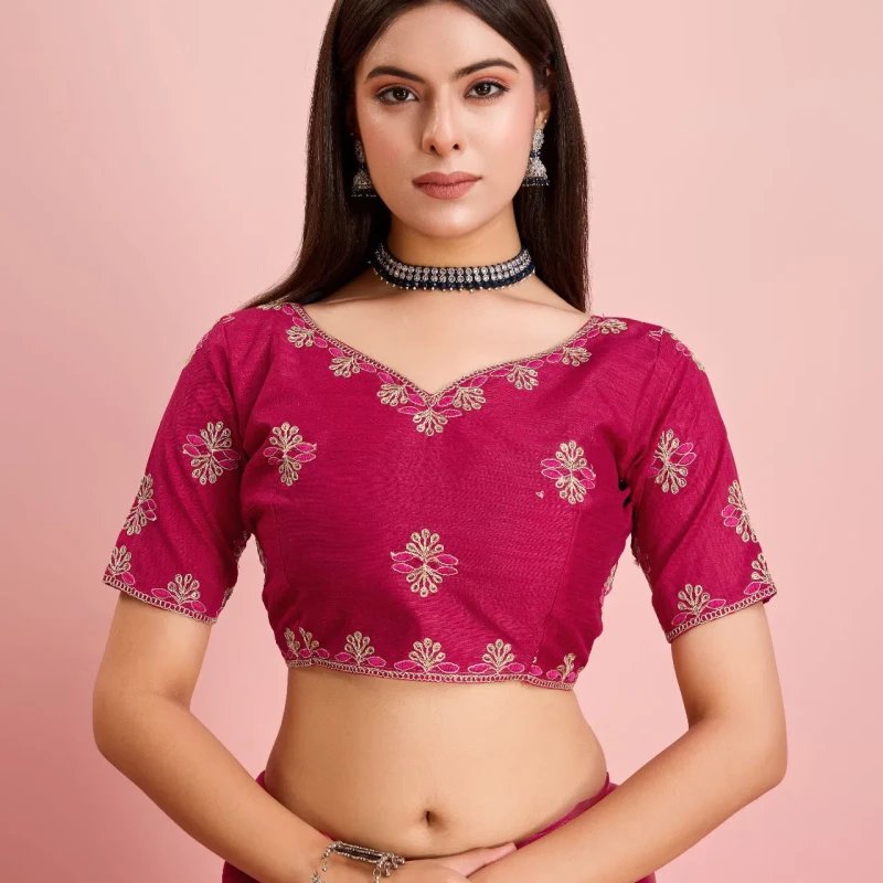 Apple Red Soft Silk Embroidered Saree with Contrast Border - Mocna