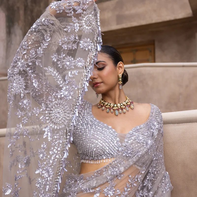 Glamorous Silver-Toned Sequined Georgette Saree - Mocna