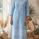 Sky Blue Cotton Floral Thread Work Kurta-mocna