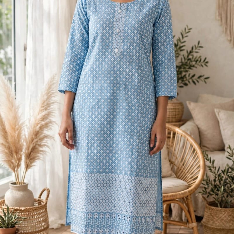 Sky Blue Cotton Floral Thread Work Kurta-mocna