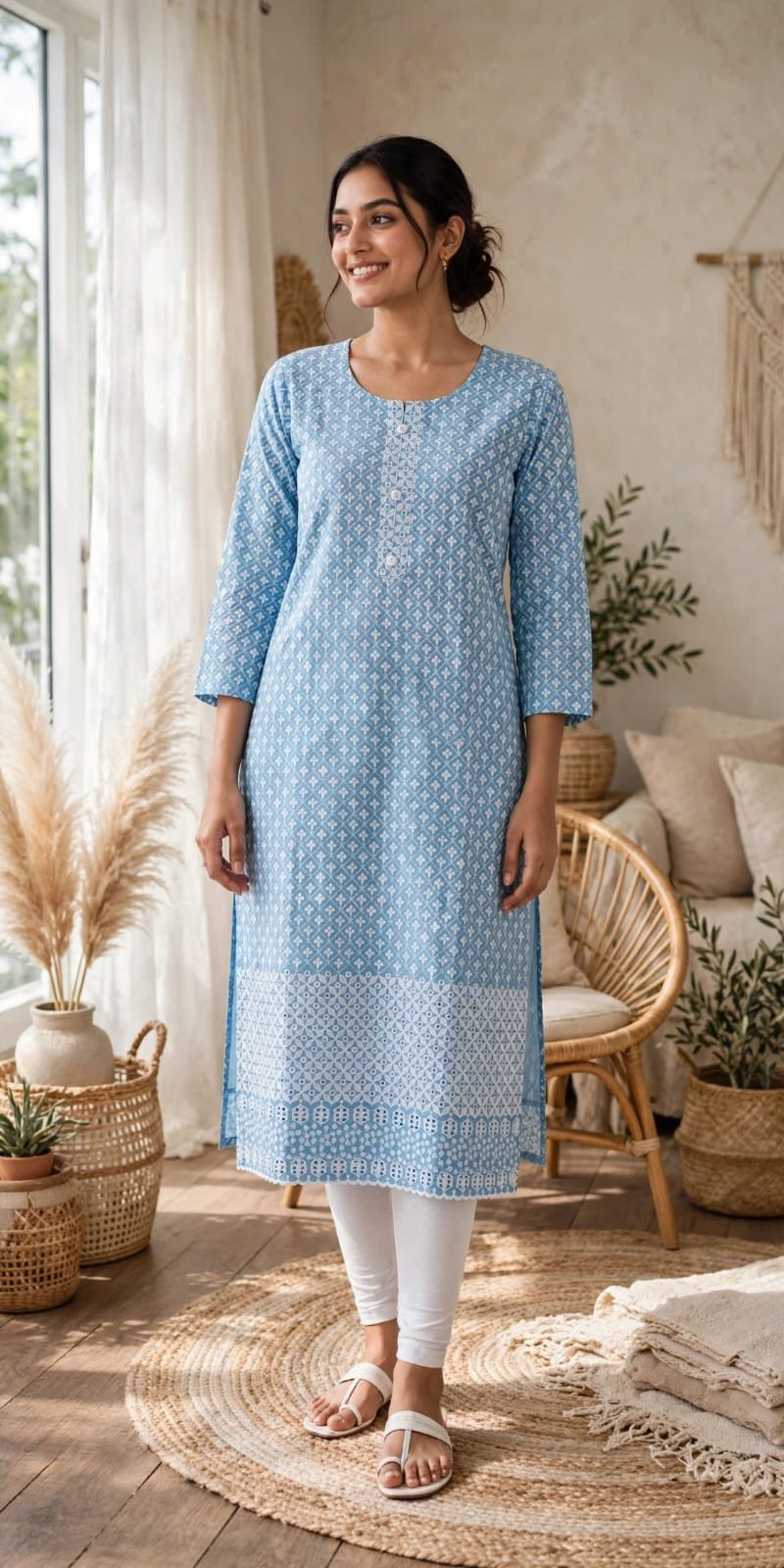 Sky Blue Cotton Floral Thread Work Kurta-mocna