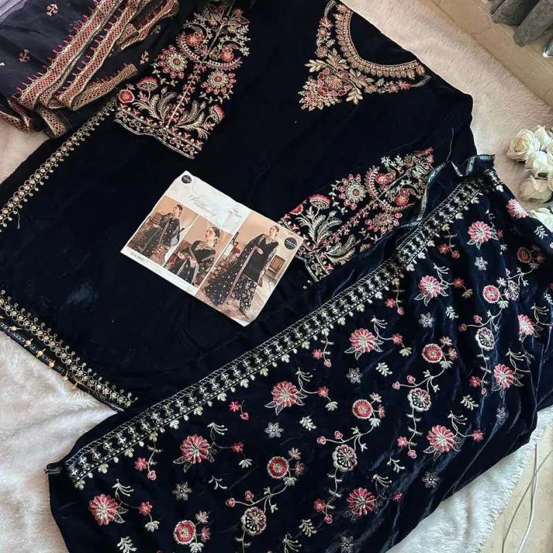 Navy Blue Velvet Embroidered Punjabi Suit with Dupatta