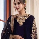 Navy Blue Velvet Embroidered Punjabi Suit with Dupatta