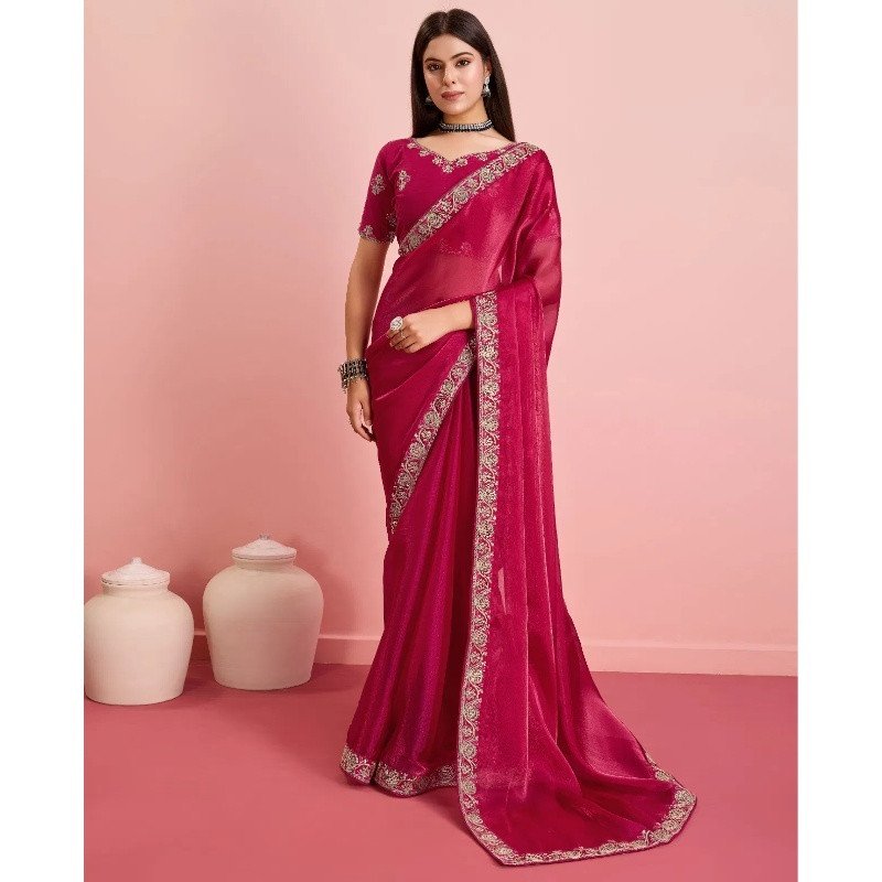Apple Red Soft Silk Embroidered Saree with Contrast Border - Mocna