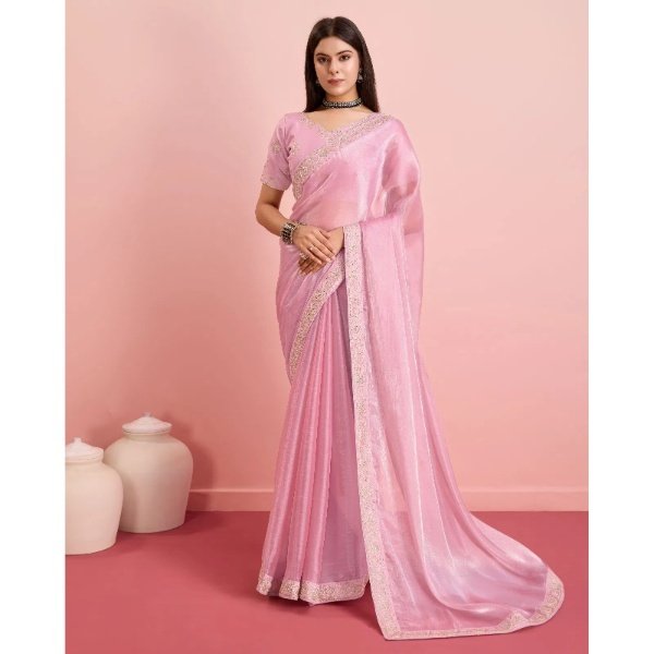 APPLE Pink Soft Silk Embroidered Saree with Contrast Border  Mocna