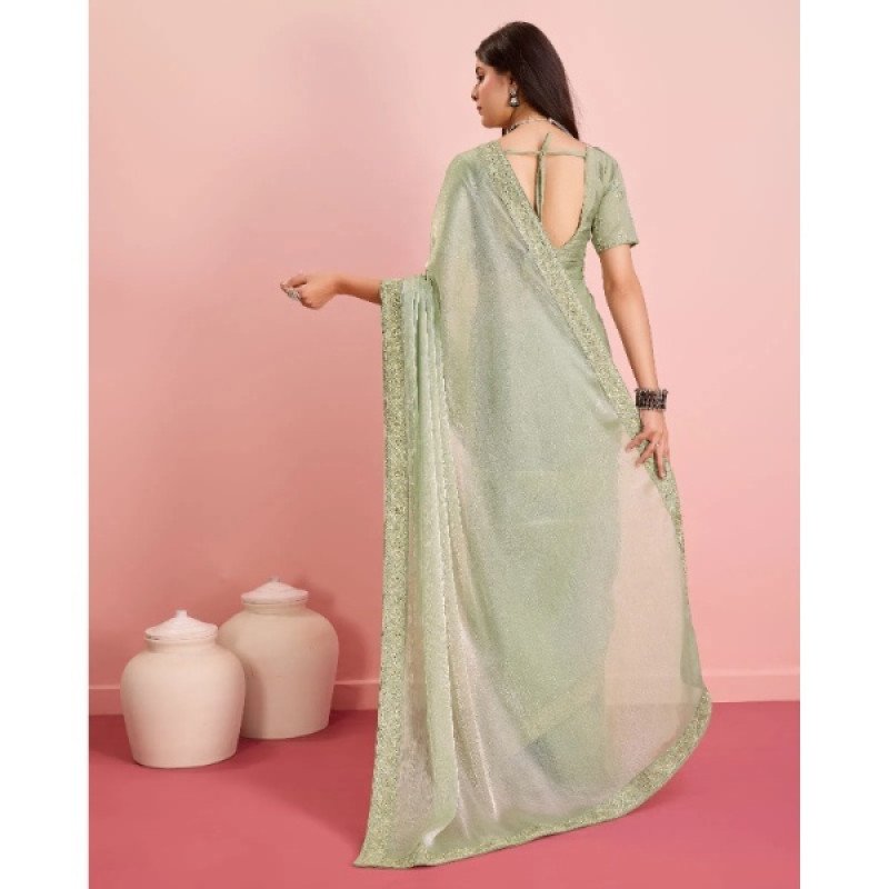 Apple Pista Green Soft Silk Embroidered Saree with Contrast Border - Mocna