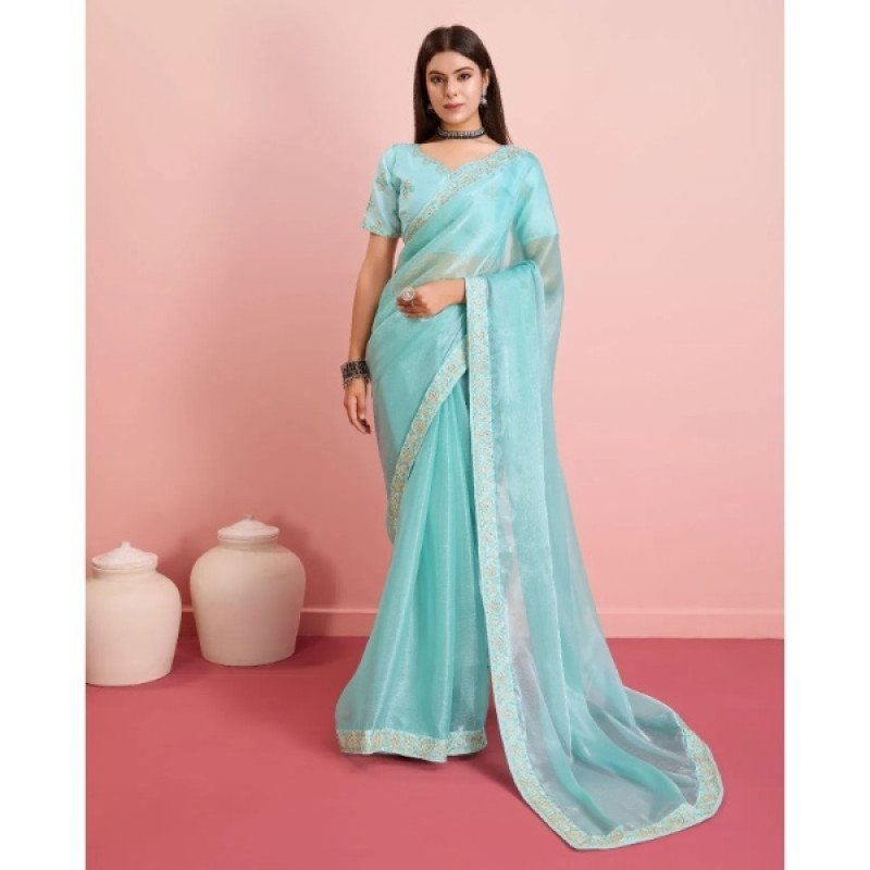 Apple Sky Blue Soft Silk Embroidered Saree with Contrast Border - Mocna