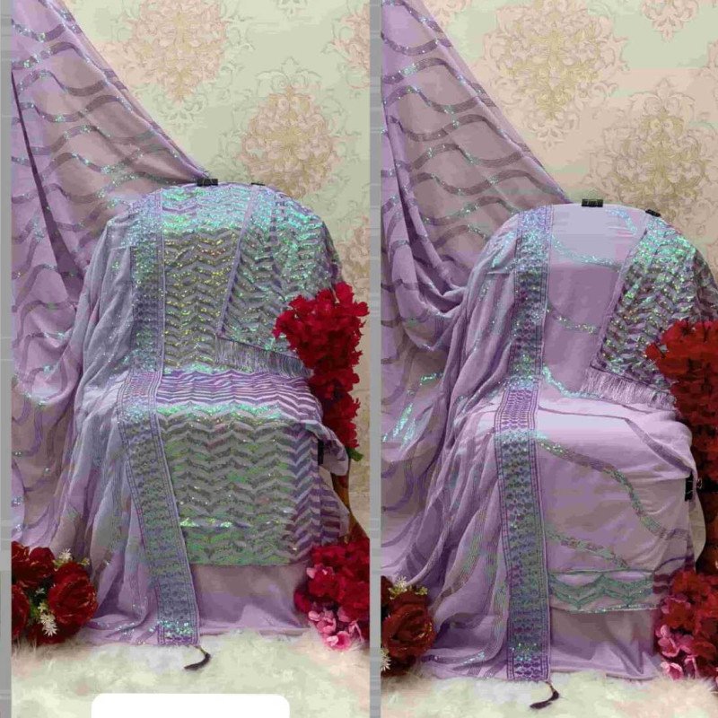Light Purple Fox Georgette Embroidered Pakistani Suit – Unstitched Dress Material for Women with Santoon Inner &amp; Dupatta" -Mocna