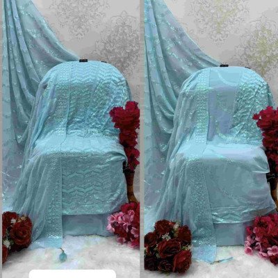 Light Blue Fox Georgette Embroidered Pakistani Suit – Unstitched Dress Material for Women with Santoon Inner &amp; Dupatta" -Mocna