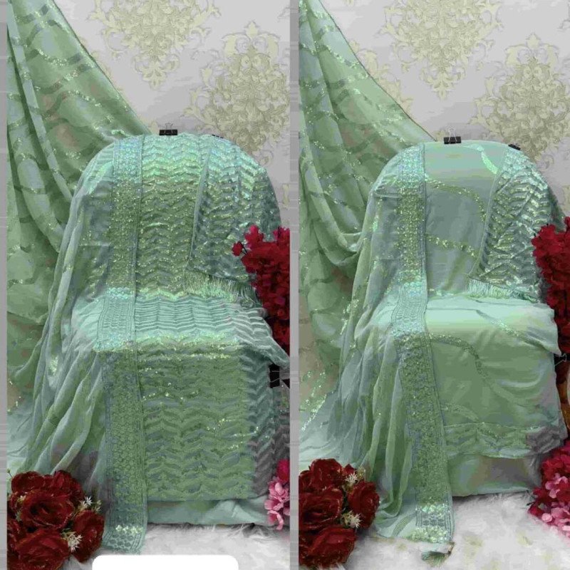 Light Green Fox Georgette Embroidered Pakistani Suit – Unstitched Dress Material for Women with Santoon Inner &amp; Dupatta" -Mocna