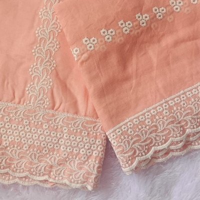 Light Orange(PEACH) Embroidered Pure Cotton Dress Material Suit Set - Mocna