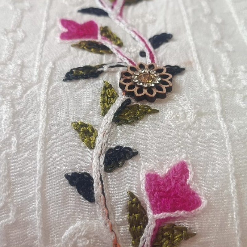 Floral White Threadwork Dress Material - MOCNA