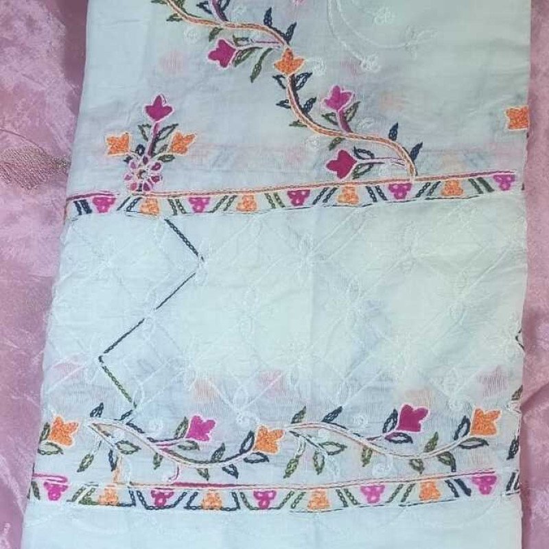 Floral White Threadwork Dress Material - MOCNA