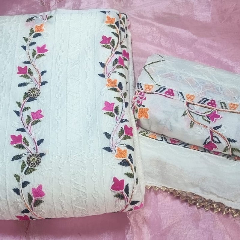 Floral White Threadwork Dress Material - MOCNA