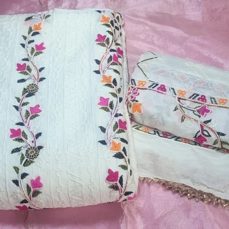 Floral White Threadwork Dress Material - MOCNA