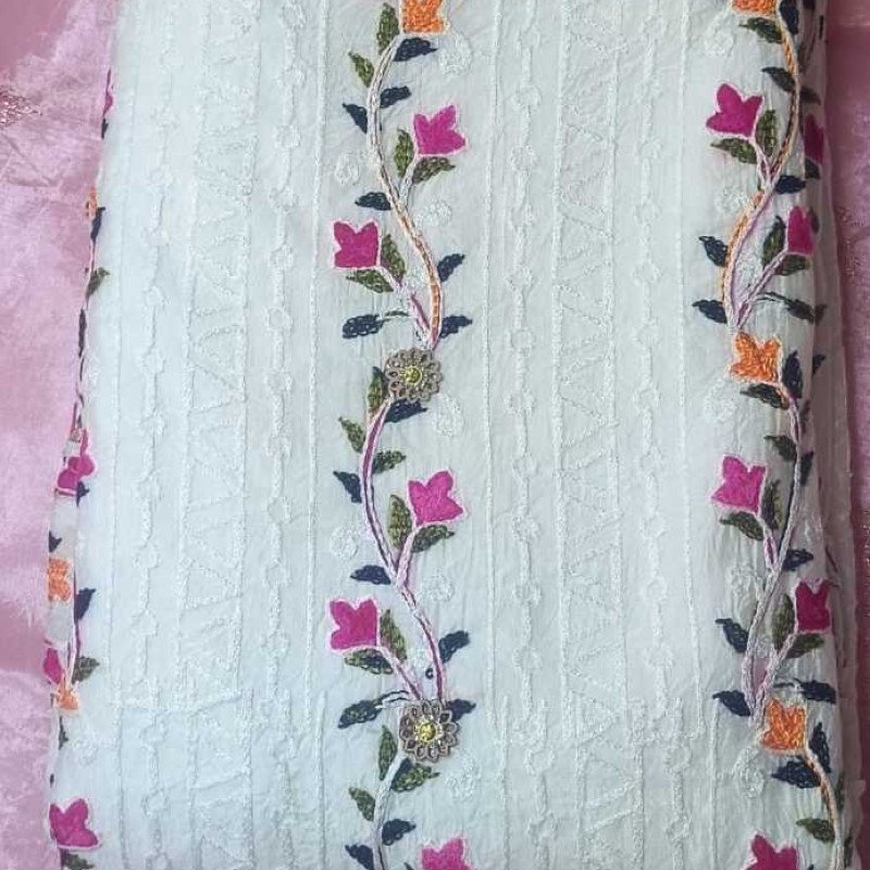Floral White Threadwork Dress Material - MOCNA
