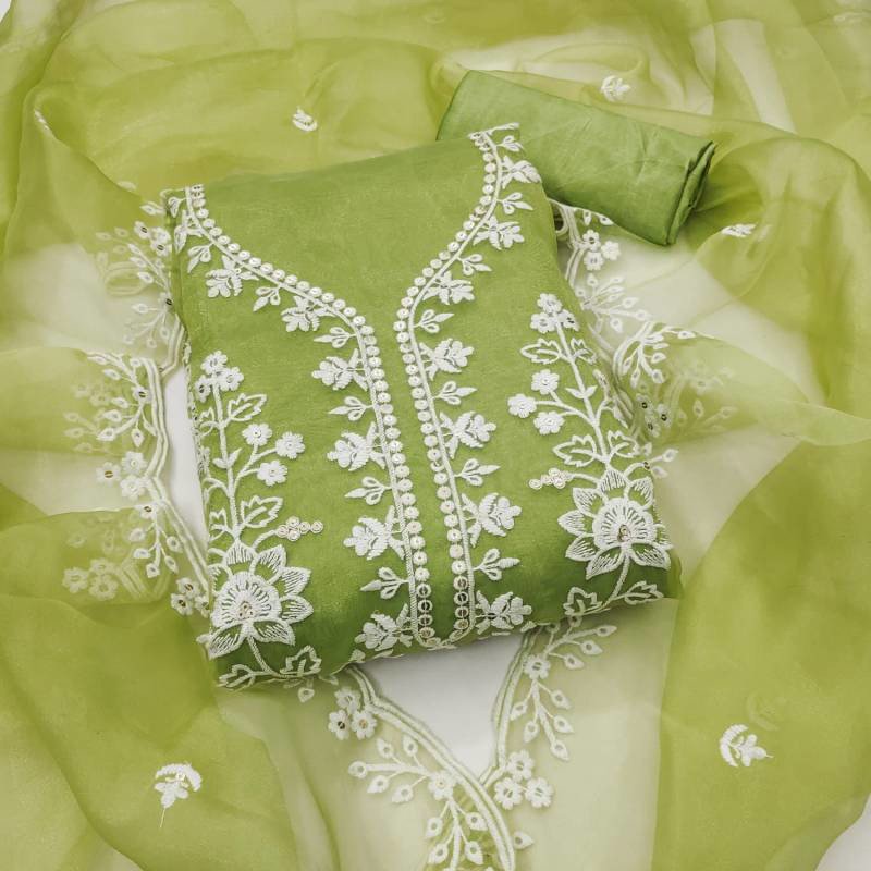 Green Organza Thread Work 3-Piece Dress Material for Women – Mocna