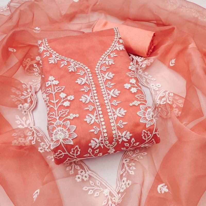 Light Orange Organza Thread Work 3-Piece Dress Material for Women – Mocna