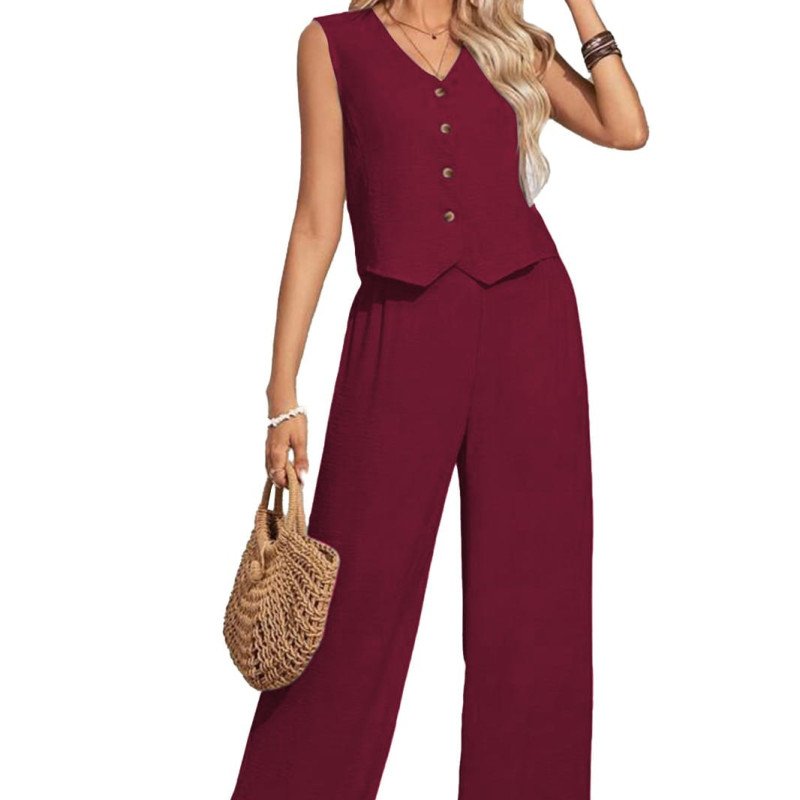 Women’s Slub Cotton Maroon Sleeveless Top &amp; Pant Set- MOCNA