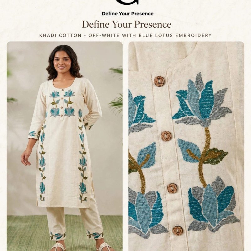 Ivory Lotus Thread Work Khadi Cotton Kurta Pant Set- MOCNA