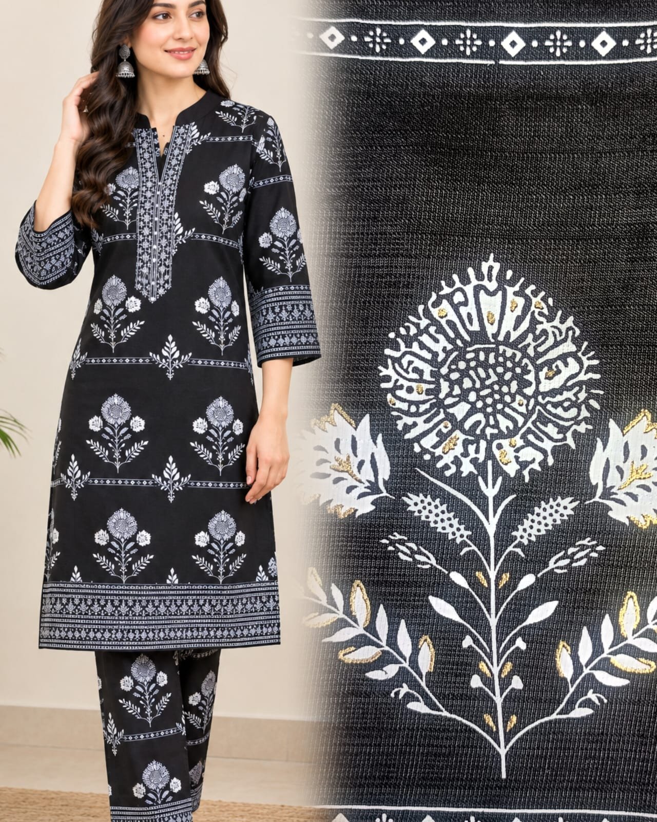 Black Printed Vatican Silk Kurta Pant Set -mocna