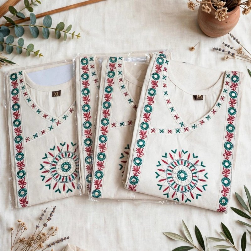 Khadi Cotton Embroidered Short Kurti - mocna