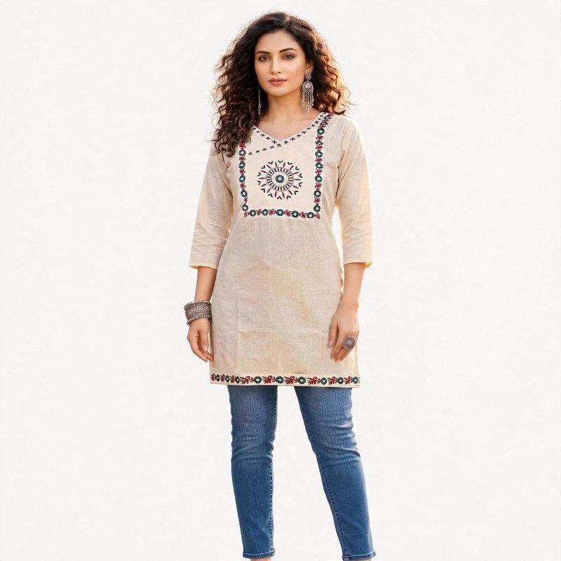 Khadi Cotton Embroidered Short Kurti - mocna