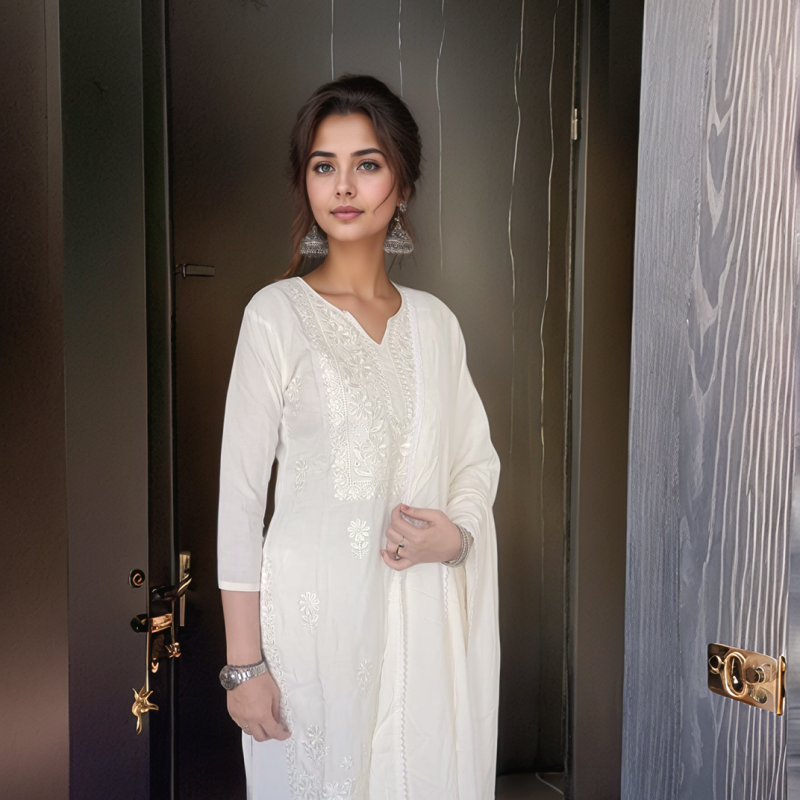 White Embroidered Rayon 3-Piece Suit | Elegant Office &amp; Formal Wear | Heavy Dupatta - Mocna