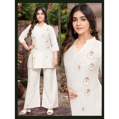 Elegant White Co-Ord Set For Women | Gold Beaded Ethnic Wear | Wedding &amp; Party Outfit - Mocna