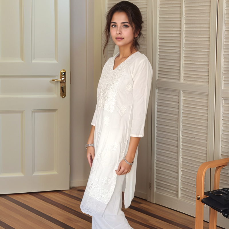 White Embroidered Rayon 3-Piece Suit | Elegant Office &amp; Formal Wear | Heavy Dupatta - Mocna