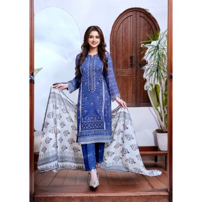 Printed Lawn Cotton Dress Material Blue– Unstitched Suit Set - Mocna